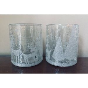 Two Yankee Candle 3" Votive Candle Holders Shimmering Forest Crackle Glass
